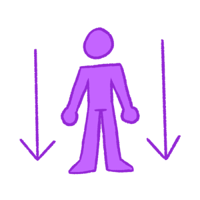 a featureless purple person standing with an arrow pointing downwards on either side of them. 